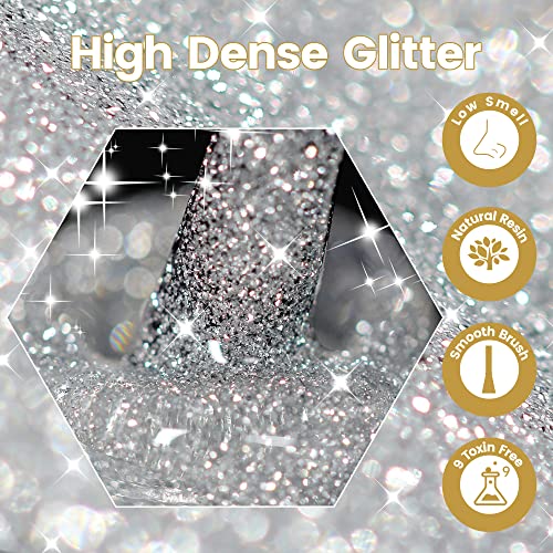 YTD Likomey Reflective Glitter Nail Gel Set,Falsh 6 Colors with Base and Top Coat Shimmer Black Silver Pink Blue Red Gold Diamond Sparkle UV Varnish,8 Pcs 7.5ml - Image 5