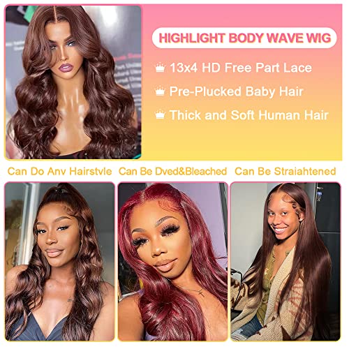 Brown Boby Wave Lace Front Wig Human Hair 13X4 Transparent HD Lace Frount Wigs For Women Chocolate Auburn Colored Wig 150% Density Brazilian Virgin Human Hair Pre Plucked with Baby Hair 18 Inch - Image 2