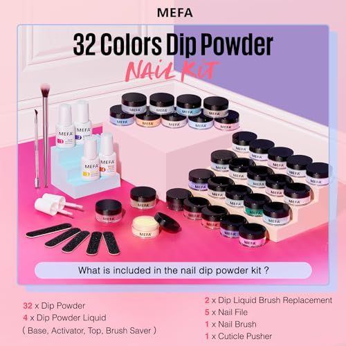 Dip Powder Nail Kit Pink Blue Purple White Black Red 32 Multi-Colors Dipping Powder with Base Top Coat Activator Brush Saver Liquid Set, Classic All Seasons Tones French Nail Art Manicure Salon MEFA - Image 5