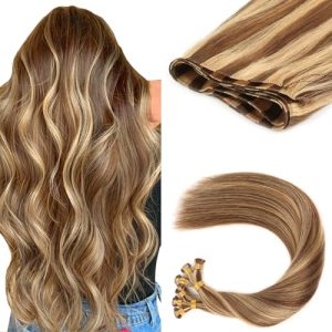 ABH AMAZINGBEAUTY HAIR Weft Hair Extensions Human Hair Sew in Highlighted Hand Tied Weft Hair Extensions Remy Human Hair 50 Gram, Chocolate Brown With Caramel Blonde Highlights Color P4-27, 18 Inch