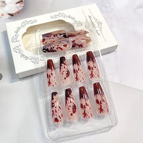 Halloween Press on Nails Long Coffin Fake Nails Blood Pattern False Nails Horror Holiday Acrylic Nails Glossy Glue on Nails Stick on Nails for Women Girls Halloween Nail Decorations 24Pcs - Image 6