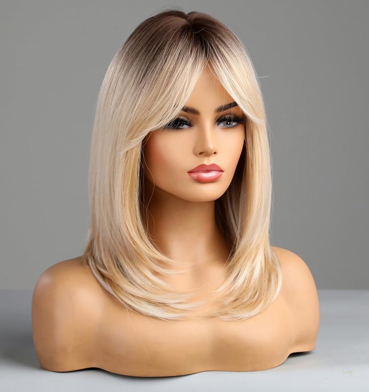 Honey Blonde Wigs with Bangs, Ombre Brown to Blonde Synthetic Hair Wig, Middle Part Shoulder Length Part Natural Straight Wigs for Women, VEDAR-163 - Image 3