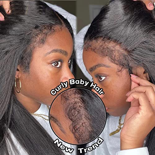 Sunber Straight Human Hair Wig 4C Kinky Edge Yaki Straight Skin Melt 13x4 Lace Front Human Hair Wigs 12A Remy Hair Pre Plucked With Native Baby Hair Kinky Straight Wigs 180% Density 20Inch - Image 3