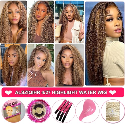 34inch Water Wave P4/27 Highlight 13x4 HD Transparent Lace Front Wigs Ombre Human Hair Wet and Wavy Curly Glueless Lace Frontal Wigs Pre Plucked with Baby Hair 180% Density - Image 6