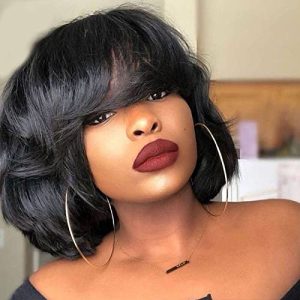 10inch Short Yaki Wavy Bob Human Hair Wig with Bangs 180% Density Short Cut Scalp Wig None Lace Italian Yaki Human Hair Wigs Glueless Wavy Black Bob Bangs Scalp Top Human Hair for Women
