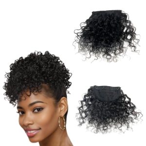 100% Human Hair Bangs Afro Curly Fringe Hair Bangs Short Kinky Curly Hairpieces for Black Women Clip in on Hair Extensions 1 Piece (1B)