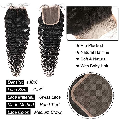 Brazilian 9A Deep Wave 3 Bundles with Closure Virgin Human Hair Bundles with 4x4 Middle Part Closure Unprocessed Virgin Human Hair Natural for Black Women(20 22 24+18) - Image 4