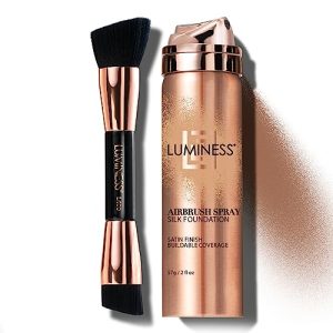 LUMINESS Silk Airbrush Spray Foundation & Buffing Brush Kit – Full Coverage Foundation & Dual-Sided Buffing Brush - Buildable Coverage, Anti-Aging Formula Hydrates & Moisturizes (Shade - Deep Dark)