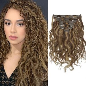 Anrosa Highlight Blonde Curly Clip in Human Hair Extensions Natural Wave Curly Clip in Hair Extensions 20inch Chocolate Brown Mixed with Strawberry Blonde Real Remy Human Hair Clip in Extensions 120g