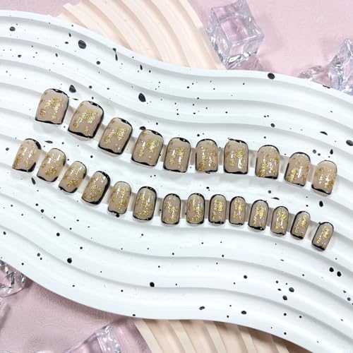 French Short Press on Nails Square JUKUPOA Acrylic Fake Nails Kit Nude False Nails with Gold Glitter Designs Full Cover Glossy Glue on Nails Stick on Nails for Women Girls 24Pcs - Image 4