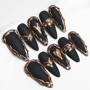 Sun&Beam Handmade Long Almond Stiletto Black Press On Nails with 3D Gold Charms, 10 Pcs