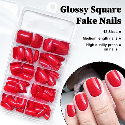 LuckForever Short Press on Nails 240pc Glossy Red Press on Nails Short Square Fake Nails Full Cover False Fingernail French Tips Presson Nail 10 Sheets Glue Nail Adhesive Tabs File Tools for Women - Image 5