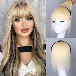 Platinum Blonde Human Hair Toppers with Rhinestone Band for Women Hairpiece for Thinning Hair Clip in Bangs with Band Straight (Platinum Blonde 60#)