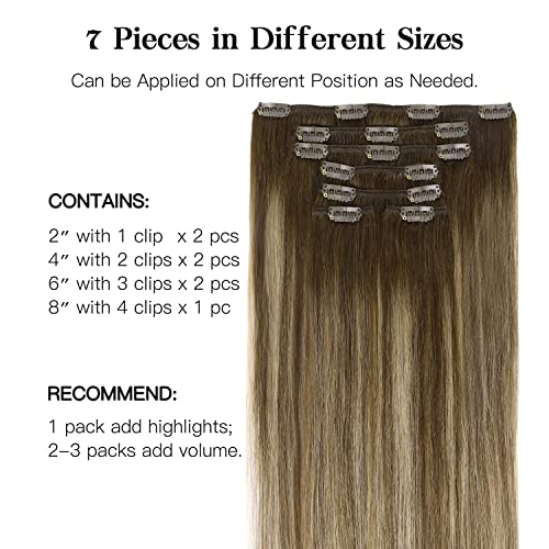 HOTBANANA 20 Inch Chocolate Brown Honey Blonde Ombre Balayage Remy Human Hair Clip In Extensions 120g Straight Dark Roots 7pcs - Image 4
