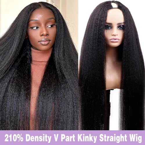 210% Density V Part Kinky Straight Wig Human Hair Beginer Friendly Gluless Updated U Part Wigs For Women V-Part Clip in Wigs No Leave Out V-shape Half Wigs Natural Color (24 Inch) - Image 2
