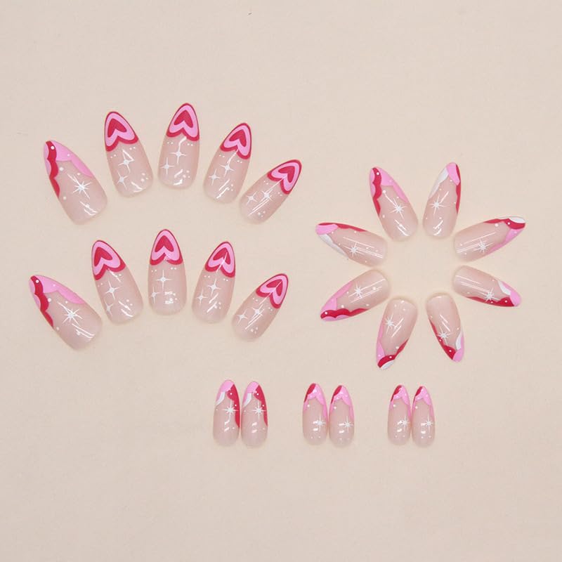 Pink Heart Press on Nails Medium Almond Stiletto,IFMOPETY Acrylic False Nails Set Reusable Fake Nails Almond Nails Press on False Nails for Women 24PCS-12 Sizes - Image 3