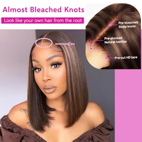 Bob Wig Glueless Wigs Human Hair Pre Plucked Pre-Cut T1B/2/30 5×6 HD Lace Front Wigs Human Hair Bob Human Hair Wig Wigs Human Hair Glueless Human Hair Bleached Knots Wear And Go 12 Inch - Image 4