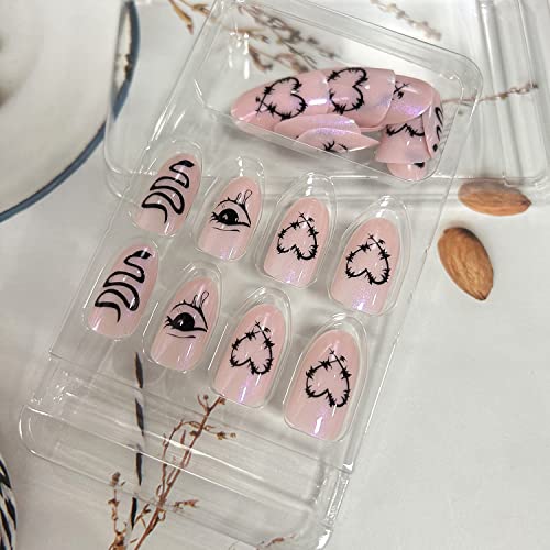 Short Almond Press On Nails Coffin Shape Full Cover Reusable False Nails Stick On Nails with Love Heart Eye Pattern Design Artificial Fingernails Acrylic Black Rose Fake Nails for Women Glue On Nails - Image 5