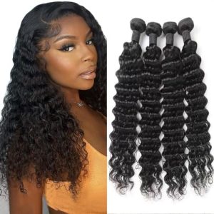 Deep Wave Bundles 16 18 20 22 inch Deep Wave Human Hair Bundles Deep Curly Human Hair Bundles Extensions Wet and Wavy Curly Bundles for Black Woman Natural Color