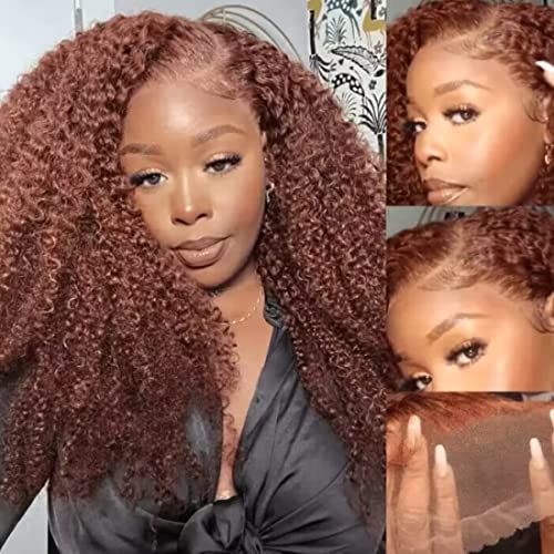 12A Reddish Brown Kinky Curly Lace Front Wigs Human Hair 13x4 HD Transparent Lace Frontal Wigs Copper Red Colored Glueless Wigs Pre Plucked with Baby Hair #33B Color 180% Density 18 Inch - Image 2