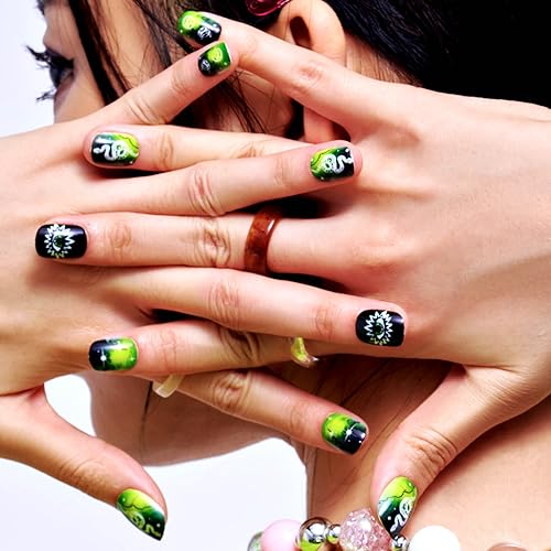 GLAMERMAID Press on Nails Squoval,Green Gel False Nails with Design,24 PCS Glue on Nails,Reusable Acrylic Stick on Nails Tips Manicure Set for Women,Serpentine Siren - Image 2