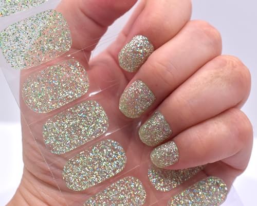 Glitter Gel Nail Strips Green Sequins Fully Cured Nail Polish Stickers Long Lasting Gel Nail Wraps UV Free Chip Resistant - Image 8