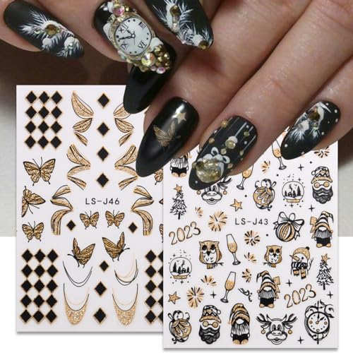 8 Sheets Christmas Nail Art Stickers Decals 2024 Gold Christmas Nail Self-Adhesive Sticker Clock Design Xmas Elk Santa Claus Snowman Winter Clocks Watches DIY Nail for Women Decor - Image 4