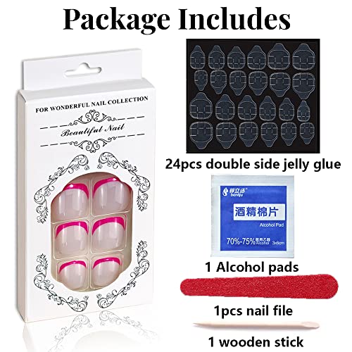 French Press on Toenails Short Square Fake Toenails Pink Tip Full Cover False Toe Nails Summer Design Detachable Press On Toenails Acrylic Manicure Toenail Tips for Women 24pcs - Image 6