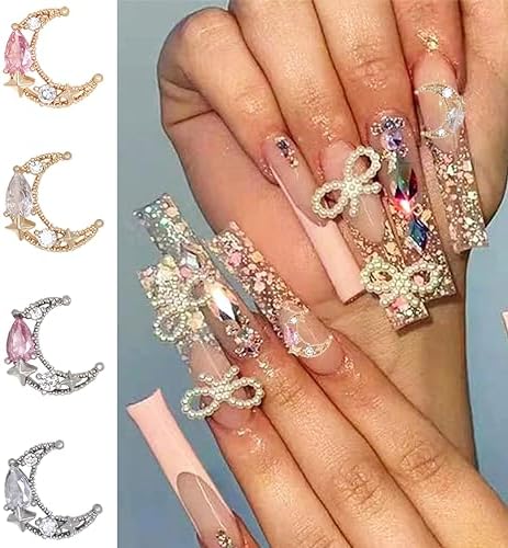 12 Piece 3D Alloy Moon Nail Charms Set with Gold Silver Rhinestones for Nail Art - Image 2