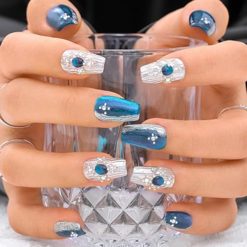 Sethexy Blue Handmade Press On Nails Medium Coffin Acrylic False Nails with Design Silver Glitter Fake Nails Glossy Salon Nail for Women and Girls 10PCS (Blue3) - Image 2