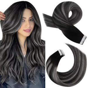 Moresoo 22 Inch Ombre Balayage Tape In Human Hair Extensions Natural Black to Silver #1B/Silver/1B 20pcs 50g