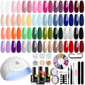 MEFA 54 Pcs Gel Nail Polish Kit with U V Light, 32 Colors Popular Soak Off Nude Pink Red Gel Polish Nail Set with Matte/Glossy Gel Top Base Coat Manicure Tools Nail Art Decorations DIY Salon Home Gift