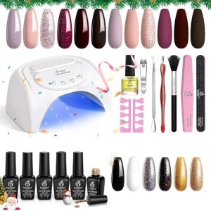 Beetles Black Gold Glitter Gel Nail Polish Set - 6 Colors Black White Silver Rose Glitter Gel Polish Kit with Beetles Pink Purple Gel Nail Polish kit with 48W Nail Lamp Glitter Gel Polish Starter Kit