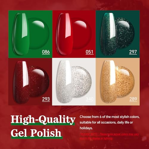 Christmas Gel Nail Polish Kit with UV Light 6 Colors Red Geen Glitter Gold Silver Gel Polish Set All Seasons Soak Off Art Manicure DIY Home Gift for Woman - Image 6