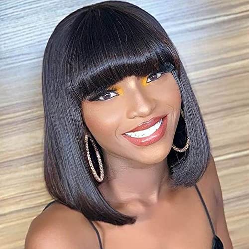 12INC Short Bob Wig with Bangs Human Hair Bob with Bangs Wig Human Hair 150% Density bob's wigs human hair For Women (12 Inch Natural Black)