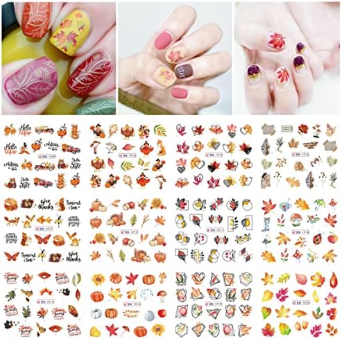 Fall Nail Art Stickers Maple Leaves Nail Water Decals Transfer Foils for Nail Supplies Thanksgiving Nail Stickers Autumn Maple Leaf Pumpkins Turkey Nail Design for Women DIY Manicure Decorations 12PCS - Image 7