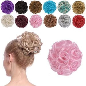 Light Pink Messy Tousled Wavy Curly Hair Bun Scrunchies Wrap Ponytail Extensions for Women