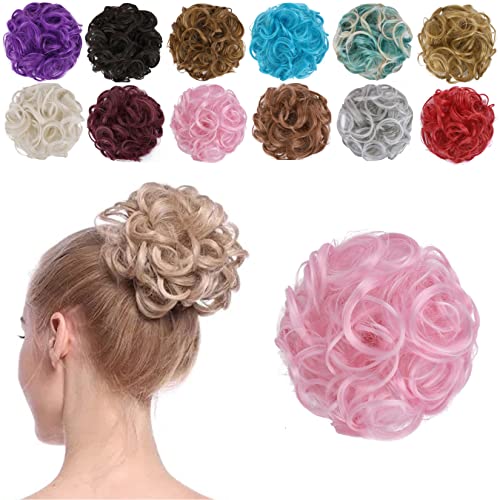 Light Pink Messy Tousled Wavy Curly Hair Bun Scrunchies Wrap Ponytail Extensions for Women