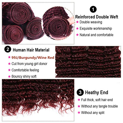 Burgundy Deep Wave Brazilian Human Virgin Hair Weft #99J Deep Curly Hair Bundles with 4x4 Lace Closure Wine Red Human Hair Bundles Double Weft Hair Weave (18 20 22 with 18C, Burgundy/99J) - Image 3