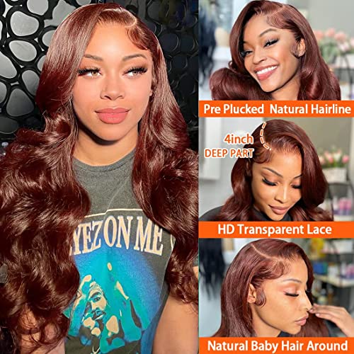 28 Inch Lace Front Wig Human Hair Body Wave Reddish Brown Human Hair Lace Front Wigs 13x4 HD Lace Front Wigs Human Hair Pre Plucked Colored 10A 180% Density Reddish Brown Frontal Wig - Image 2