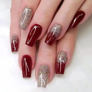 Wine Red Bride Style Exquisite False Nails,Claret Red Champagne Gold Glitter Fake Nails,Short Coffin Sumptuous Press on Nails LANOVA FN-ST122