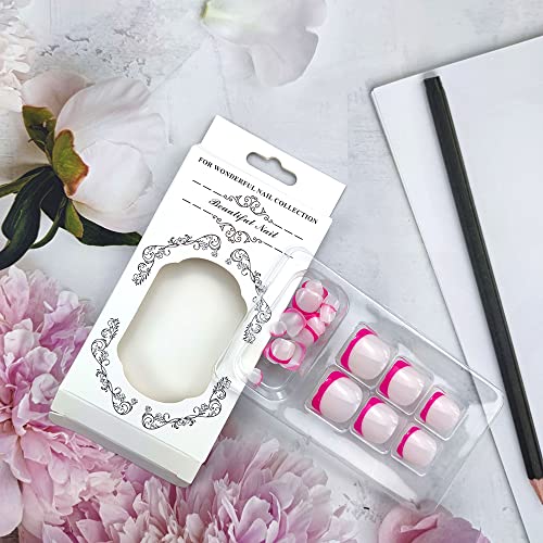French Press on Toenails Short Square Fake Toenails Pink Tip Full Cover False Toe Nails Summer Design Detachable Press On Toenails Acrylic Manicure Toenail Tips for Women 24pcs - Image 4