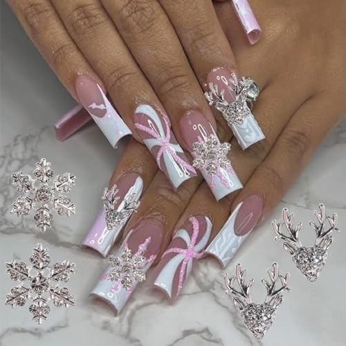 Christmas Nail Art Charms- 12Pcs Gold Silver Elk Snowflake Nail Charms D Alloy Shiny Designs Snow Elk Nail Gems with Rhinestones Winter Christmas Charms for Acrylic Nails Women DIY Manicure Supplies - Image 4