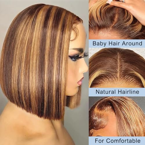 Wear and Go Highlight Glueless Lace Front Wigs Human Hair Pre Plucked Ombre Lace Front Wig Human Hair Pre Cut Honey Blonde 13x4 Lace Frontal Wigs Pre Plucked with Elastic Band for Women 10inch - Image 2