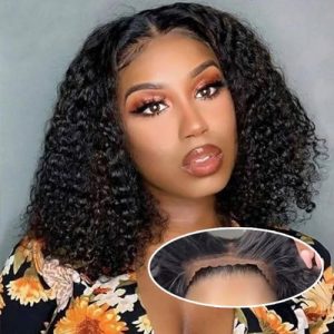 14 Inch Wear and Go Glueless Curly Bob Wig Human Hair Pre Plucked for Beginners,Deep Wave No Glue wigs,Pre cut Transparent Lace Front Wigs Natural Hairline for Women 200% Density