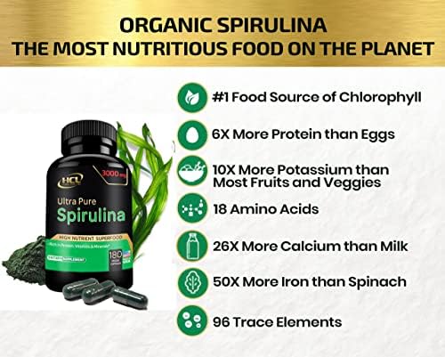 Organic Spirulina Powder Capsules 3000 mg - Purest Non-Irradiated Blue Green Algae - Best Raw Vegan Protein - Green Superfood - Natural Multivitamins – 180 Pills Made in The USA - Image 5
