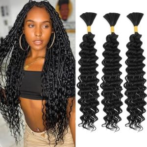 18 Inch Deep Wave Braiding Hair 190g(1Pack-3Bundles) Water Wave Braiding Hair For Bohemian Knotless Boho Braids Wet and Wave, Bulk Braiding Hair For Micro Braids Curly Deep Bulk
