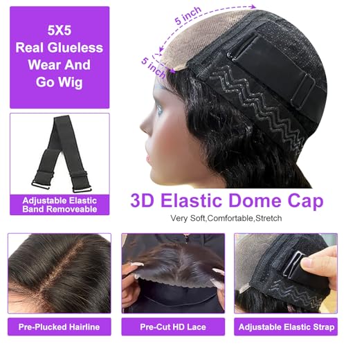 Wear And Go Glueless Wigs Human Hair Pre Plucked Pre Cut 24inch 5x5 HD Transparent Lace Closure Wigs Human Hair For Women Straight Lace Closure Human Hair Wigs 180% Density Natural Black Color - Image 5