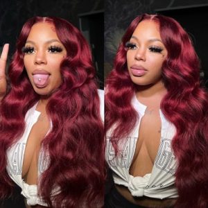 99J Burgundy 13x4 HD Lace Front Wigs Human Hair 30 Inch Body Wave Red Lace Frontal Wigs Pre Plucked with Baby Hair 180% Density Glueless Brazilian Virgin Human Hair Bleached Knots
