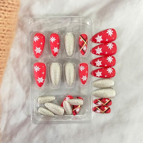 Xmas White Snowflake Long Almond Press on Nails Silver Glitter for Women Set - Image 4